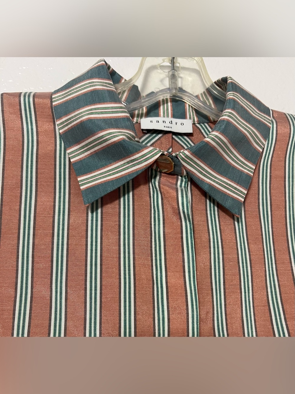Sandro Paris Striped Blouse Size 3 Oversized Collared Cap Sleeve French Chic - Picture 3 of 10
